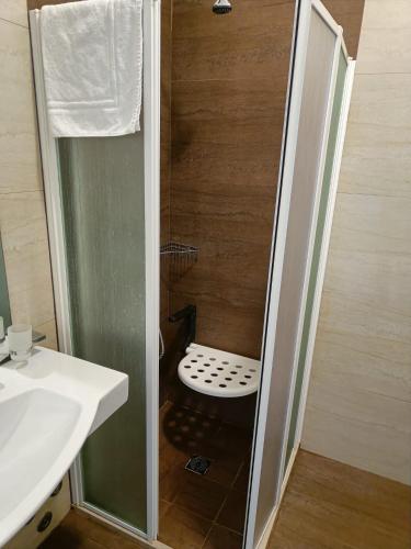 a small bathroom with a shower with a toilet at Hotel Degli Haethey in Otranto