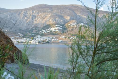 a view of a lake with a mountain in the background at Petradi Studios & Villa in Aegiali