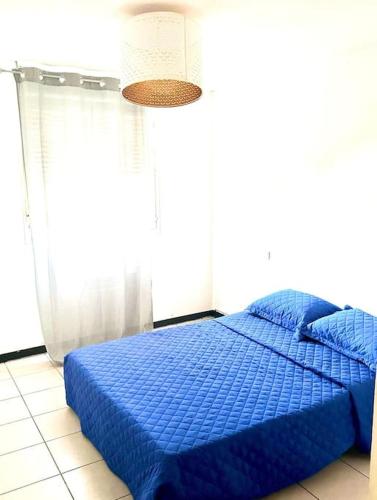 馬賽的住宿－Appartement en résidence tout confort，窗户客房内的一张蓝色的床