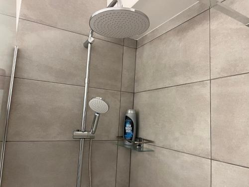 La salle de bains est pourvue d'une douche avec deux lumières. dans l'établissement Studio de charme, à Pantin