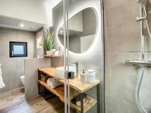 a bathroom with a shower and a sink at Domaine des moulins - La tour du moulin et son spa in Villy-le-Bouveret