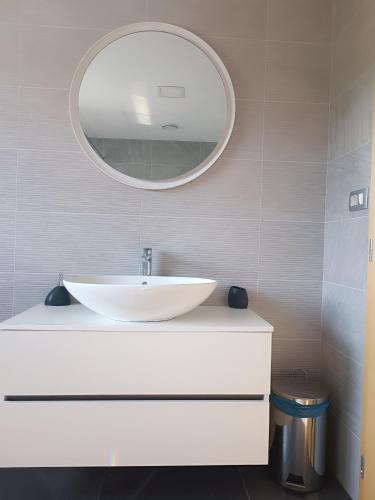a bathroom with a white sink and a mirror at Vila Frigo Olimia in Podplat
