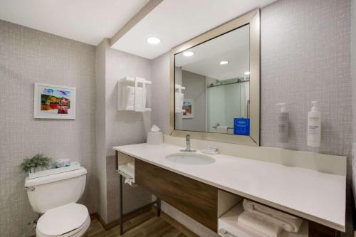 La salle de bains est pourvue de toilettes et d'un lavabo avec miroir. dans l'établissement Hampton Inn Philadelphia/Willow Grove, à Willow Grove