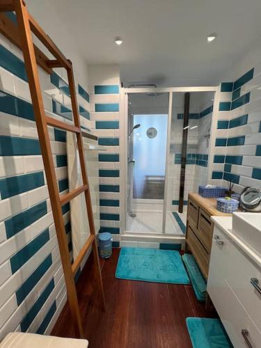 une salle de bain avec douche à rayures bleues et blanches dans l'établissement Les Cigales, au Pradet
