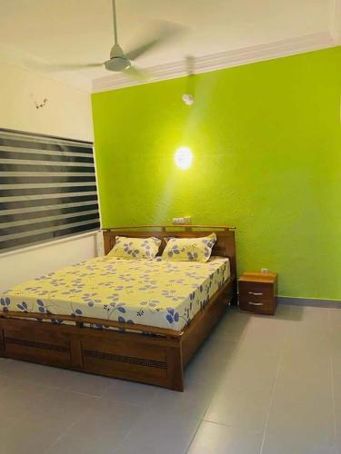 ein Schlafzimmer mit einem Bett mit einer grünen Wand in der Unterkunft 2 Chambres salon meublés in Cotonou