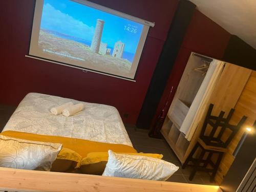 1 dormitorio con 1 cama con pantalla grande en la pared en Suite avec Sauna 36m², en Niort