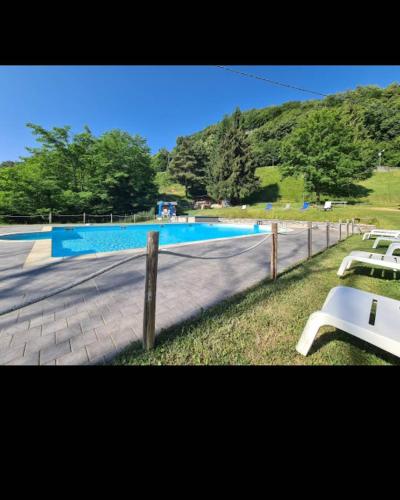 a swimming pool in a park with two white benches at PROVINCIALE 79 in Magreglio