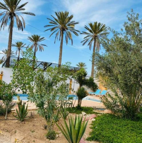 a resort with palm trees and a swimming pool at Mille & une nuit in Al Maqārisah