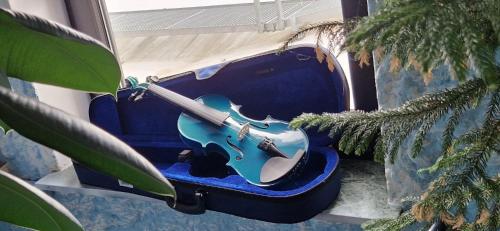 a violin is sitting on a blue seat at Landhotel Eifelblick in Stadtkyll