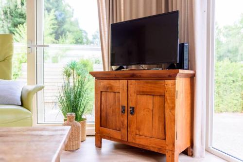 a television on a wooden cabinet in a living room at Chalet Oakley I Ontspan in de natuur in Putten