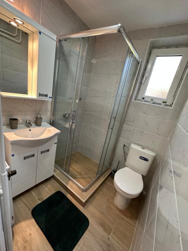 a bathroom with a shower and a toilet and a sink at Boho Apartment in Niš