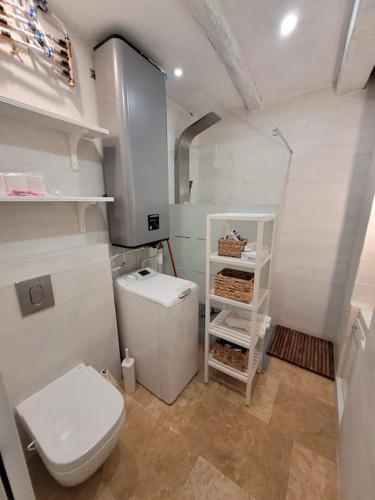 une petite salle de bain avec toilettes et lavabo dans l'établissement Waterfront Authentic Corsican house, à Pino