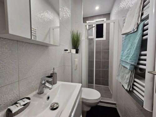 La salle de bains blanche est pourvue de toilettes et d'un lavabo. dans l'établissement Appartement Proche Metro Paris, à Pantin