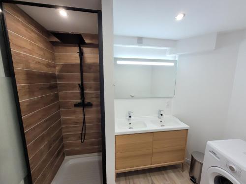 uma casa de banho com um chuveiro e um lavatório. em Sublime T3 em Saint-Dizier