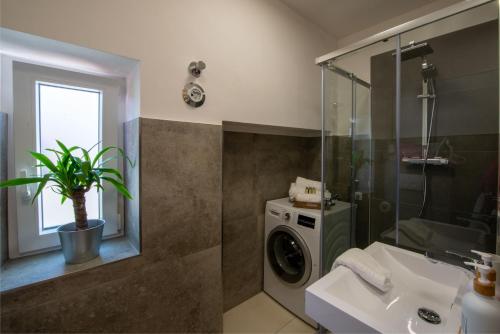 ein Badezimmer mit einer Waschmaschine und einem Waschbecken in der Unterkunft BeSSa Homes Haag 6 Personen 2 Schlafzimmer, 3 Betten, Balkon in Haag in Oberbayern