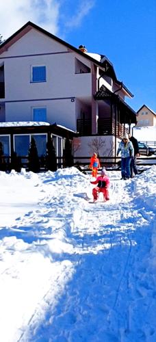 a group of people standing in the snow in front of a house at Vila Dzavric in Zlatibor