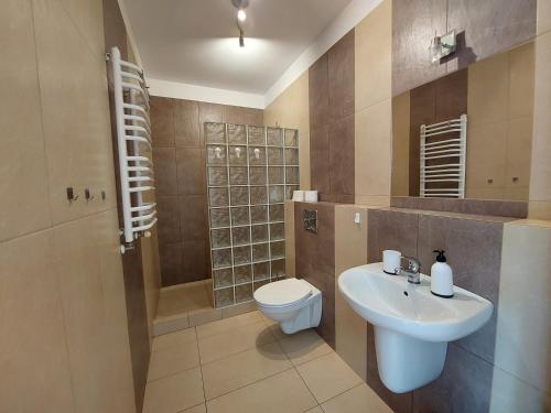 a bathroom with a white sink and a toilet at Domki Letniskowe Flauta in Grzybowo