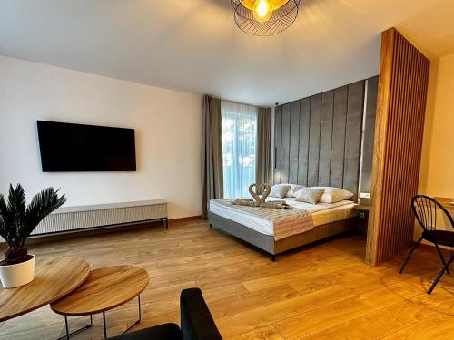 1 dormitorio con 1 cama y TV en la pared en Willa ROXY Jastrzębia Góra en Jastrzębia Góra