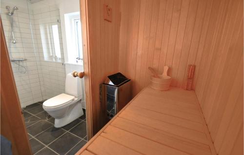 BjerregårdにあるAmazing Home In Hvide Sande With 3 Bedrooms, Sauna And Wifiの小さなバスルーム(トイレ、シンク付)