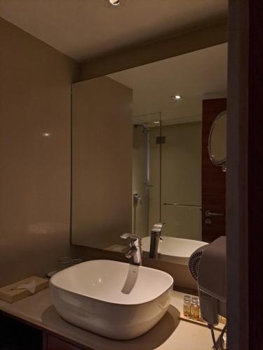 baño con lavabo y espejo grande en The Pride Hotel, Nagpur en Nagpur