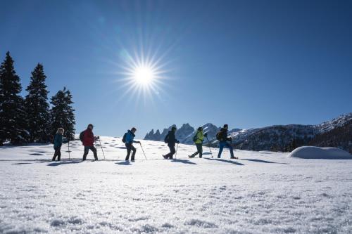 a group of people cross country skiing in the snow at Hotel Garden in Moena