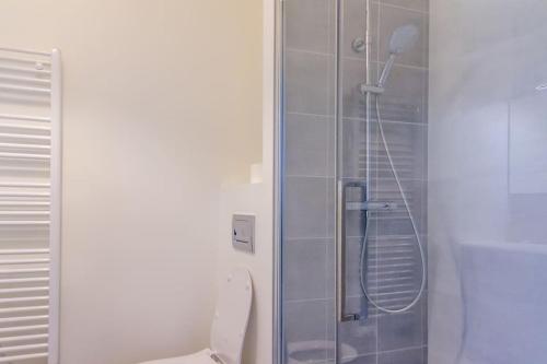 une salle de bain avec une douche en verre et des toilettes dans l'établissement ZenBNB / Scandinavian / Gare / Parking Privé /, à Annemasse