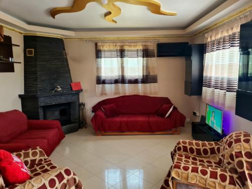 a living room with a red couch and a fireplace at GUEST HOUSE in VERGIA in Vergia