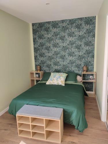 um quarto com uma cama verde e uma parede em Studio J em Oyonnax