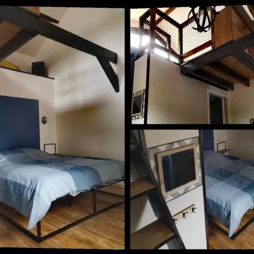 4 fotos de una habitación con cama y TV en Les trois jolies, 