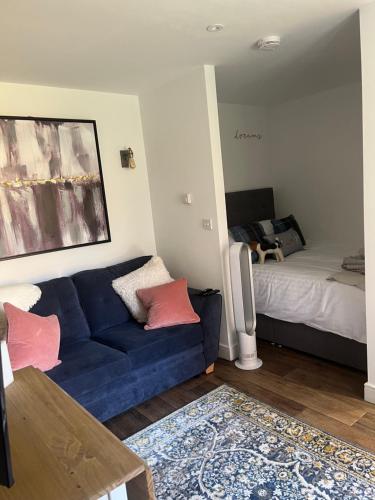 a living room with a blue couch and a bed at Chloes Retreat in Norwich