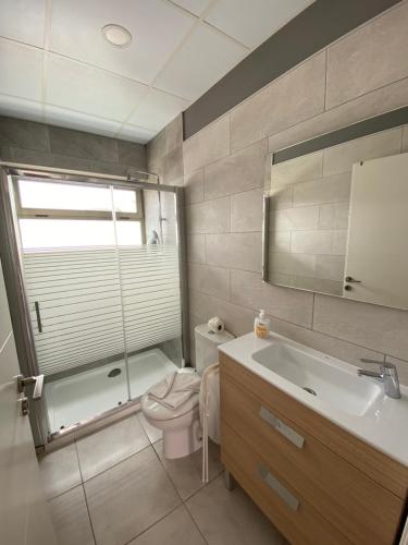a bathroom with a toilet and a shower and a sink at El Olivar Experiences - Adults Recommended in Puerto del Rosario