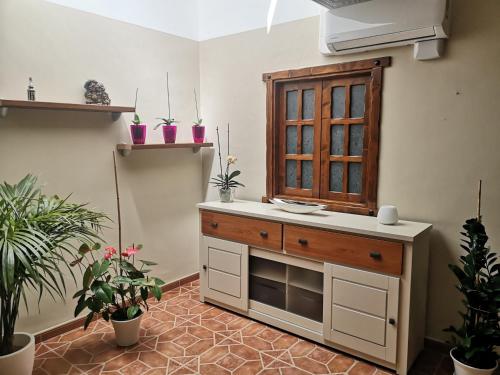 een keuken met een houten kast en potplanten bij La casa de Rei in Sardina