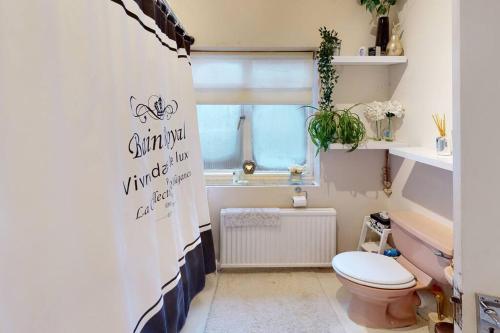a small bathroom with a toilet and a window at Spacious one bedroom flat in West Hoathley