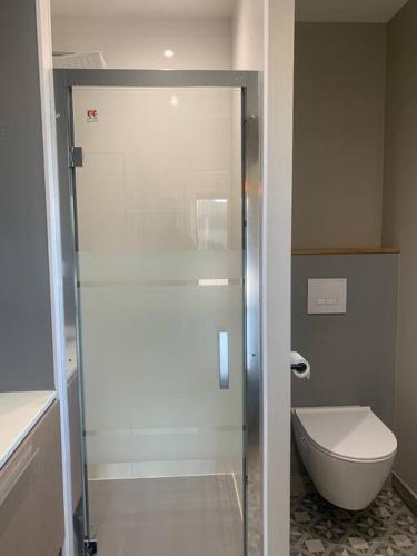 een badkamer met een toilet en een glazen douchedeur bij Villa Bella in Champcevinel