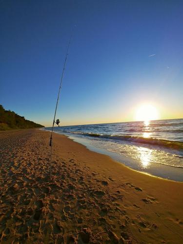 a person standing on a beach with a fishing rod at Domek nad morzem Wisełka in Wisełka