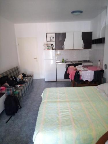 ロヴィニにあるOlimp bar apartman4のリビングルーム(ベッド1台付)、キッチンが備わります。