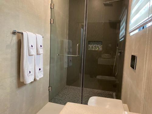 a bathroom with a shower with a glass door at Breezes Beach Resort 