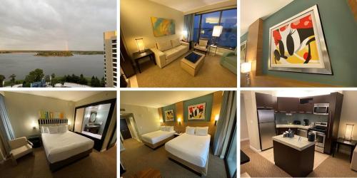 a collage of four pictures of a hotel room at Bay Lake Tower at Disney's Contemporary Resort in Orlando