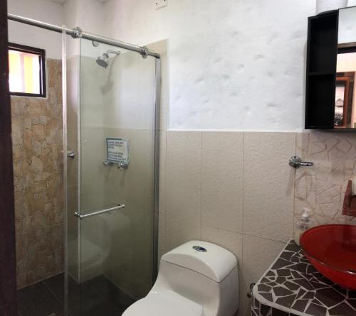 a bathroom with a shower and a toilet and a sink at Lake View Hostel in Guatapé