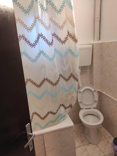 a bathroom with a toilet and a shower curtain at Dedina kuća in Gornji Milanovac