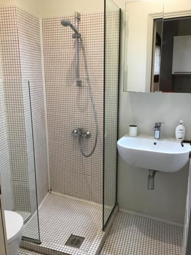 a bathroom with a shower and a sink at Villa Anna in Syvota