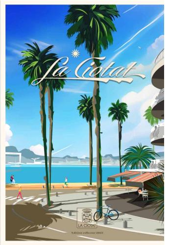 un panneau indiquant une plage avec des palmiers dans l'établissement PALAIS LUMIERE : la ''Chambre Blanche'', à La Ciotat