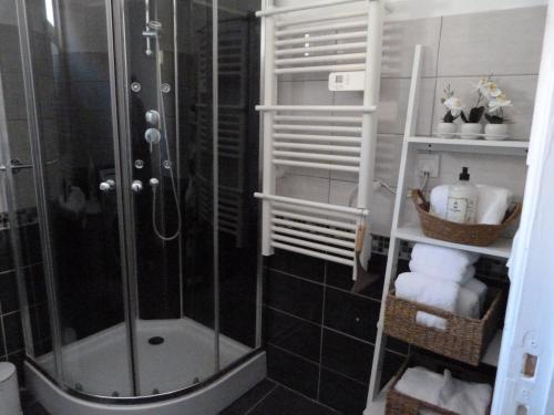 La salle de bains est pourvue d'une douche et de serviettes. dans l'établissement Appartement T3 - RDC-Parking Gratuit, à Vierzon