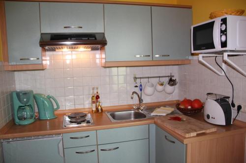 eine Küche mit einer Spüle und einer Mikrowelle in der Unterkunft Haus Seefeld in Ückeritz