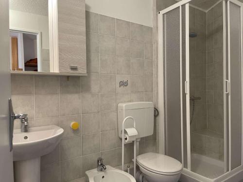 une salle de bain avec toilettes, lavabo et douche dans l'établissement Studio Montgenèvre, 4 pers, RDC avec parking et balcon exposé ouest - FR-1-330D-45, à Montgenèvre