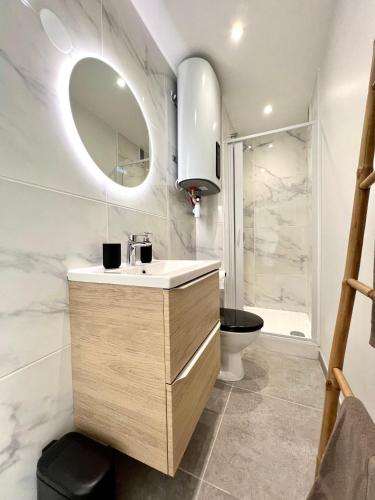 une salle de bain avec un lavabo et un miroir dans l'établissement Studio Beaux Arts - *Proche centre *Clim *Balcon, à Montpellier