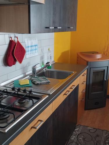 una cucina con lavandino e piano cottura forno superiore di Tirano in relax a Tirano