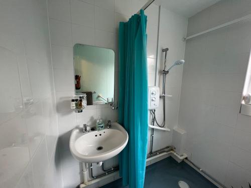 uma casa de banho com um lavatório e um espelho em Foxhill Bungalow 
