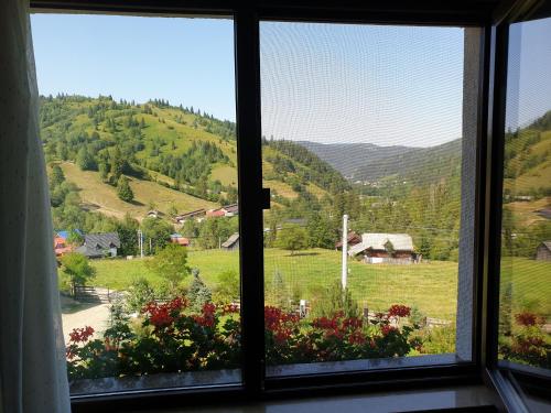 a window with a view of a field and mountains at Casa Izvorul Rarăului in Câmpulung Moldovenesc