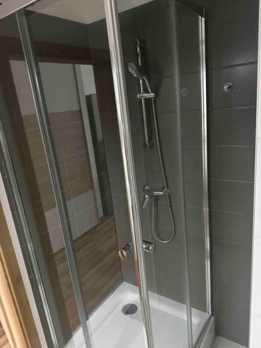 a shower with a glass door in a bathroom at Bratislava Centrum, Ahoj park apartments, 6floor with balcony in Koliba